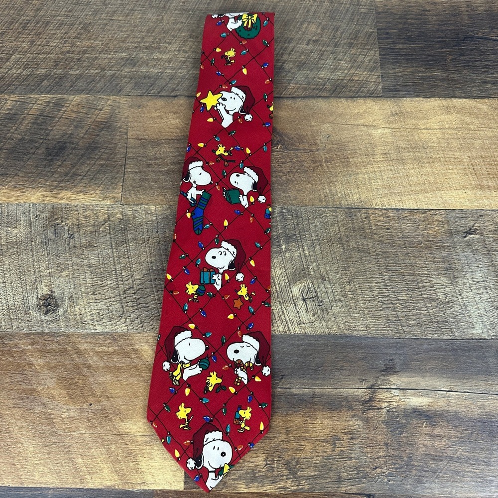 Peanuts Snoopy Christmas Tie Red Silk Deck The Halls Woodstock Holiday Mens